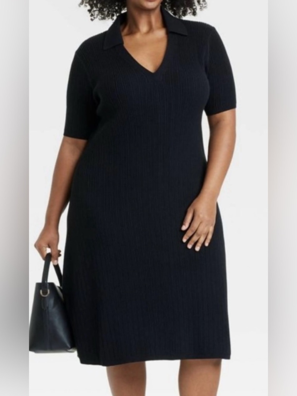 Ava & Viv Black Ribbed V-Neck Polo Midi Dress